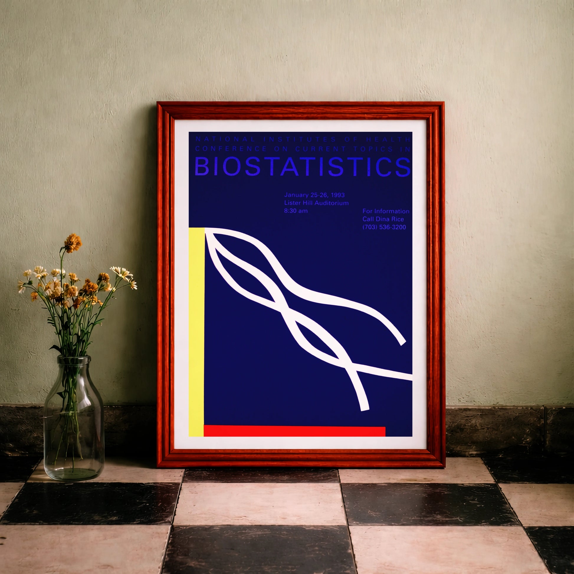 Vintage Poster der National Institutes of Health zur Biostatistik-Konferenz 1993 mit blauen Hintergrund und abstrakten weißen Wellen.
