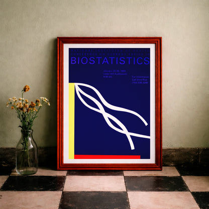 Vintage Poster der National Institutes of Health zur Biostatistik-Konferenz 1993 mit blauen Hintergrund und abstrakten weißen Wellen.