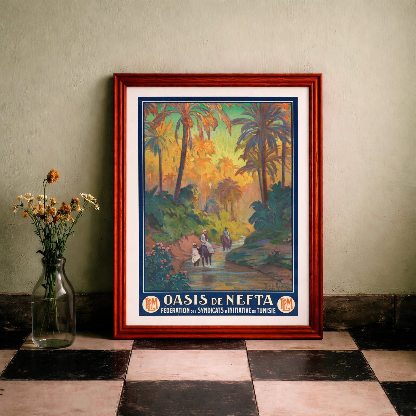 Vintage Reiseposter Oasis de Nefta mit Palmen und Reitern im Wasser 1925.