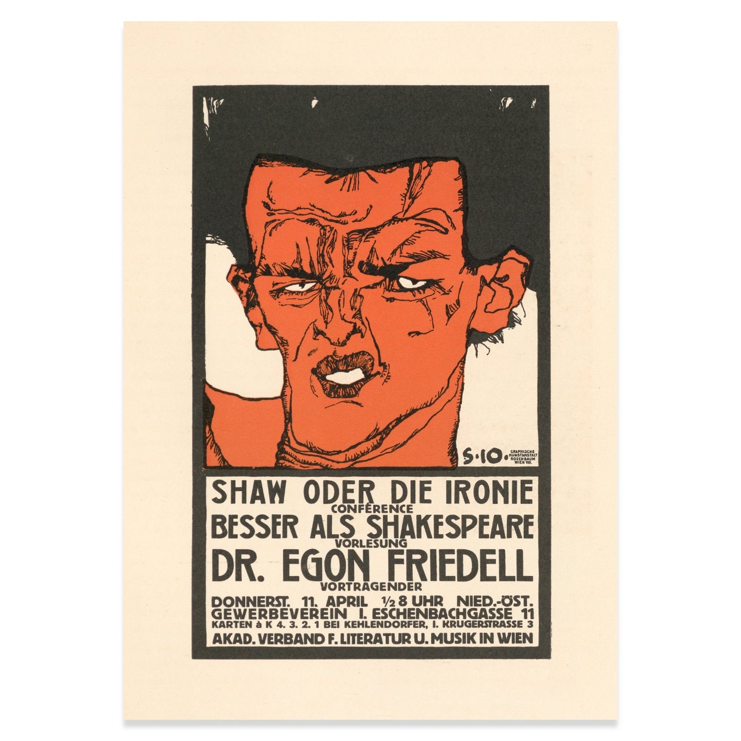 Typografisches Plakat der Wiener Moderne mit rotem Porträt-Kopf.