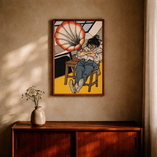 Vintage-Kunstdruck eines Mannes mit dunklem Lockenkopf und gepunktetem Hemd.