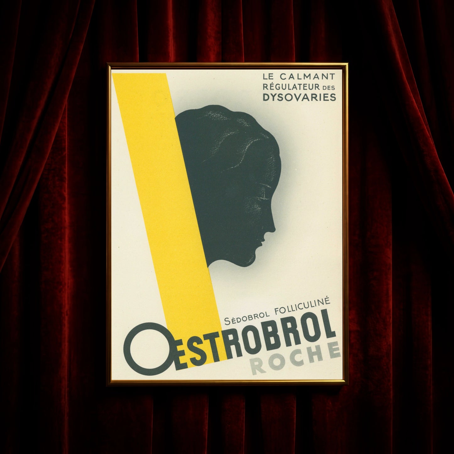 Grafisches Poster einer weiblichen Silhouette im Profil mit gelbem Akzentstreifen.