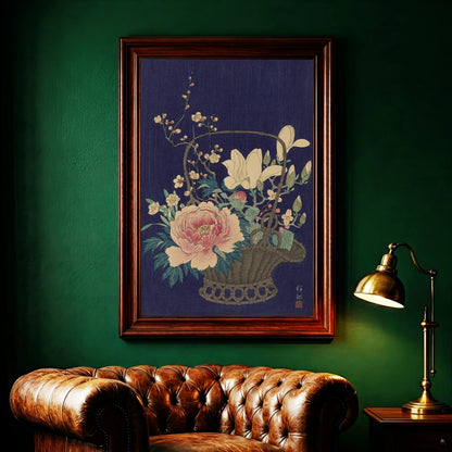 Vintage Poster eines japanischen Blumenarrangements von Ohara Koson auf dunkelblauem Grund.