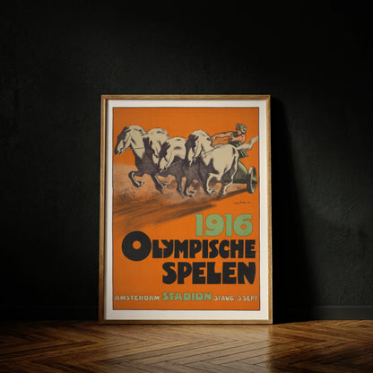 Historisches Plakat Olympische Spelen 1916 Amsterdam mit Wagenrennen-Motiv von Willy Sluiter.
