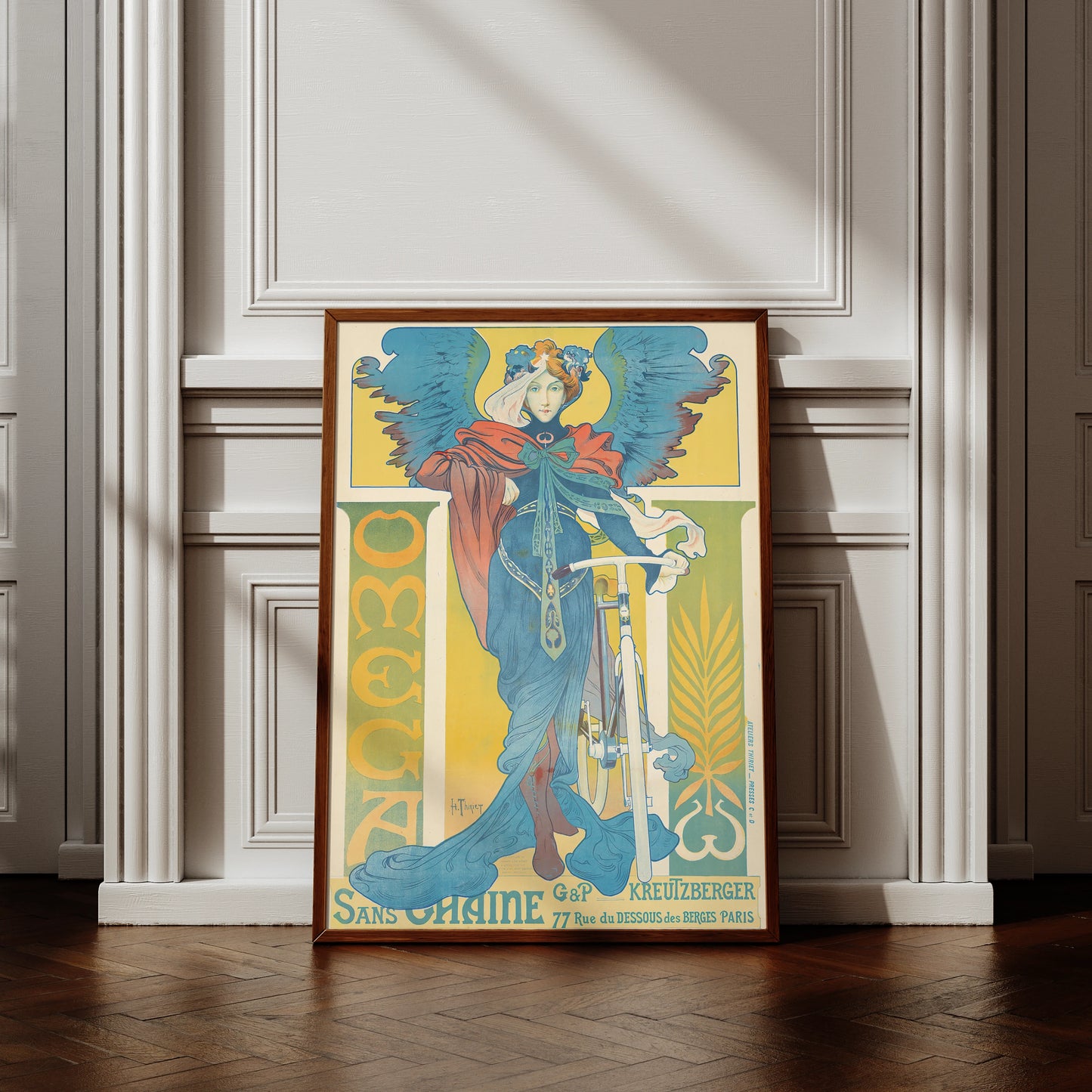 Vintage Jugendstil Werbeplakat für Omega Fahrräder von Henri Thiriet 1897.