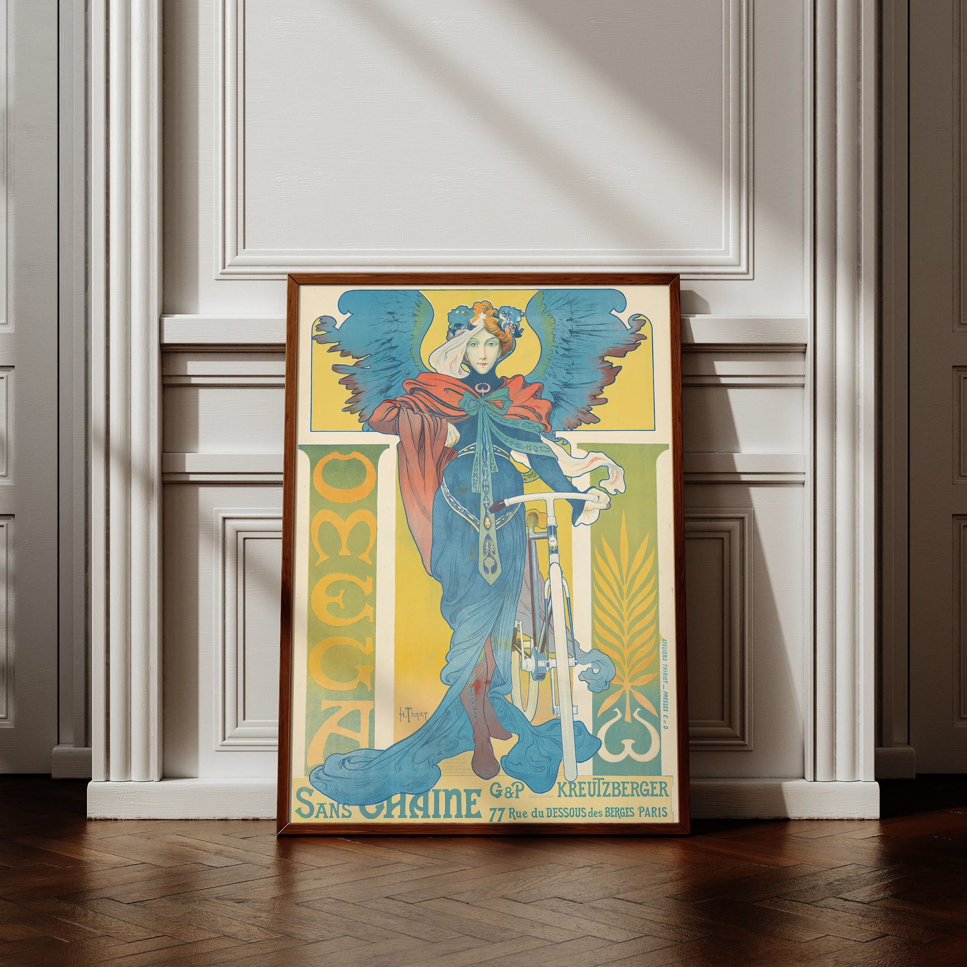 Vintage Jugendstil Werbeplakat für Omega Fahrräder von Henri Thiriet 1897.