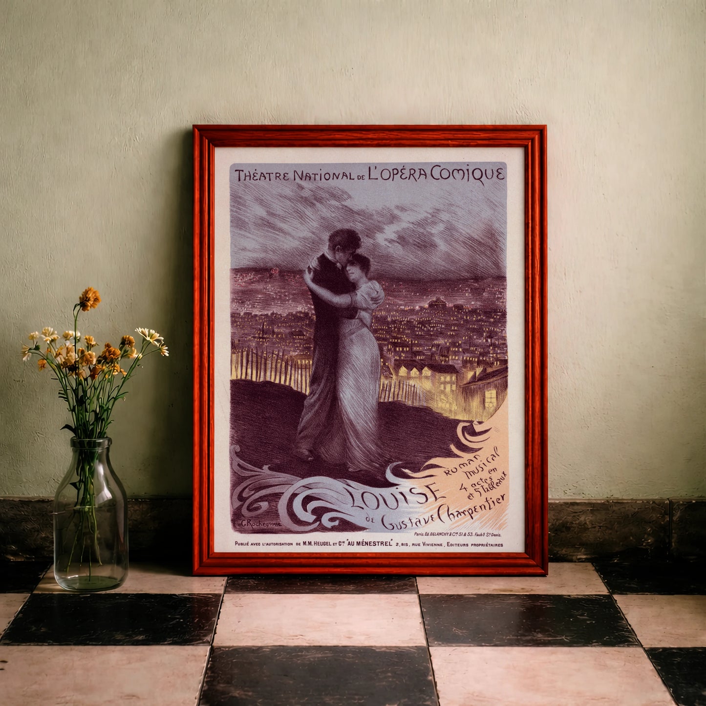 Historisches Plakat der Oper Louise von 1900 mit einem umarmenden Paar über den Lichtern von Paris.