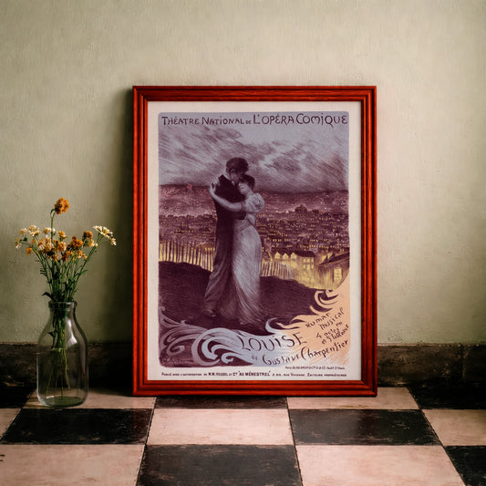 Historisches Plakat der Oper Louise von 1900 mit einem umarmenden Paar über den Lichtern von Paris.