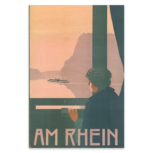 Minimalistisches Vintage Wandbild in Blau und Rosa Tönen einer Flusslandschaft.
