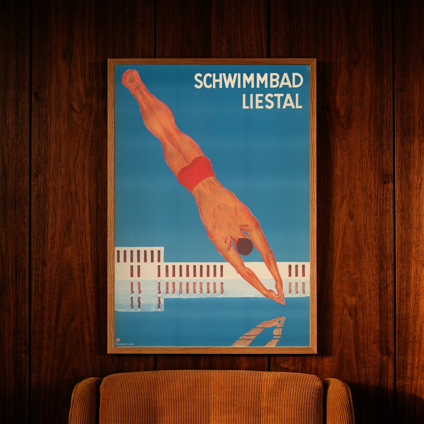 Grafische Darstellung eines Turmspringers vor blauem Wasser auf einem historischen Plakat.