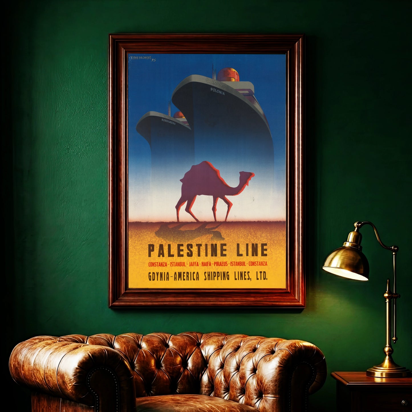 Künstlerisches Plakat der Palestine Line von 1935 mit zwei großen Schiffen und einem Kamel.