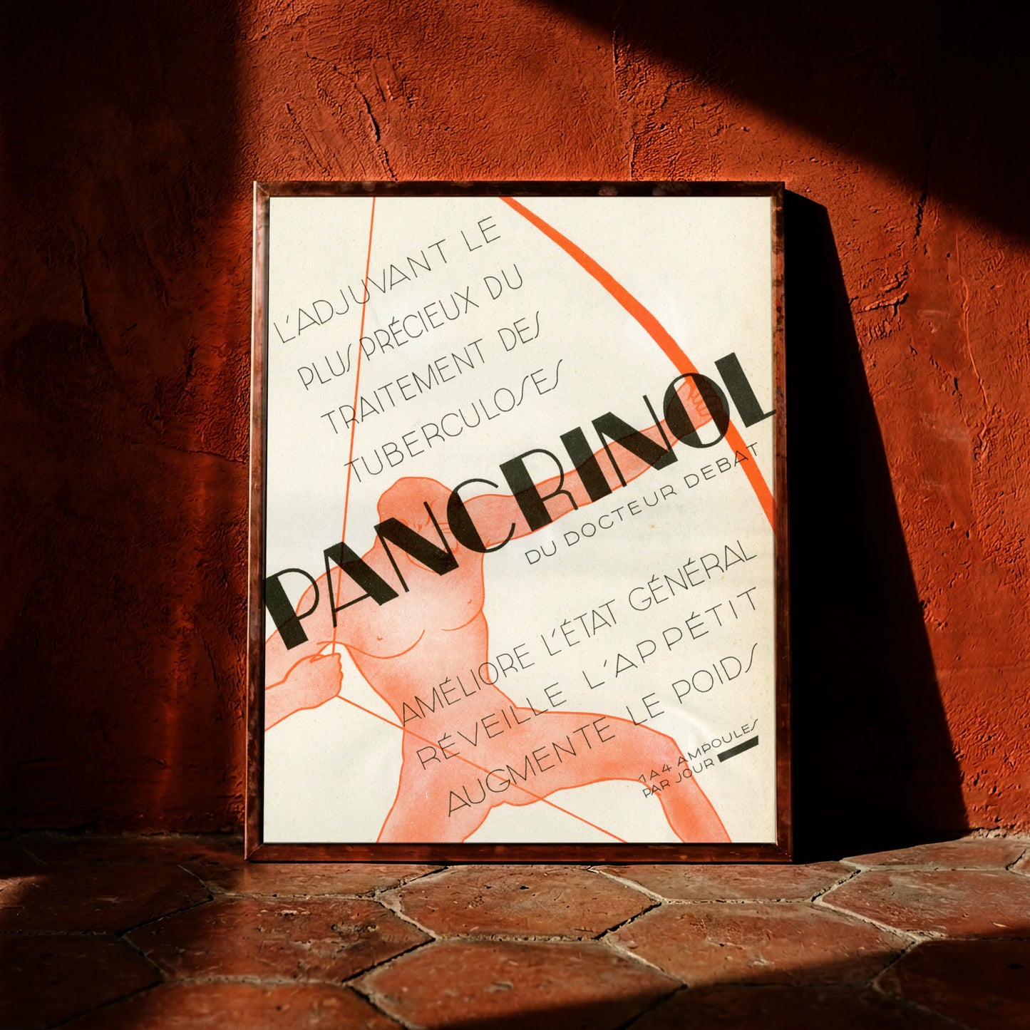 Illustration eines roten Bogenschützen auf einem cremeweißen medizinischen Vintage-Plakat für Pancrinol.