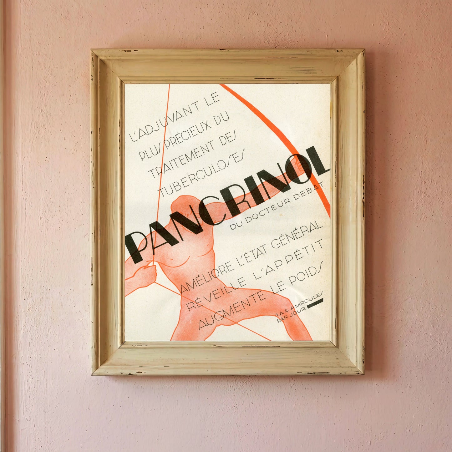 Detailaufnahme der muskulösen männlichen Figur in roter Farbe auf dem Pancrinol Retro-Poster.