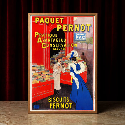 Detailansicht eines historischen Werbeplakats für Biscuits Pernot mit Fokus auf die farbenfrohen Verpackungen.