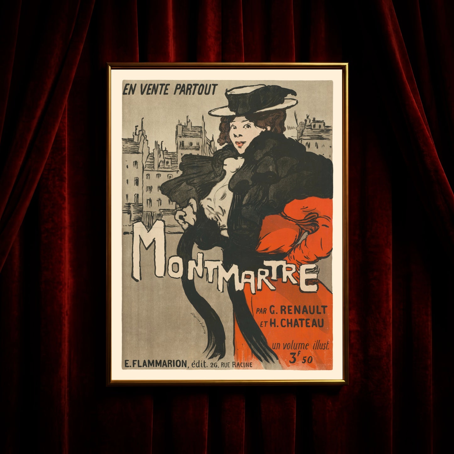 Französisches Werbeplakat für den Roman Montmartre mit schwarzer Typografie und Pariser Häuser-Silhouette.