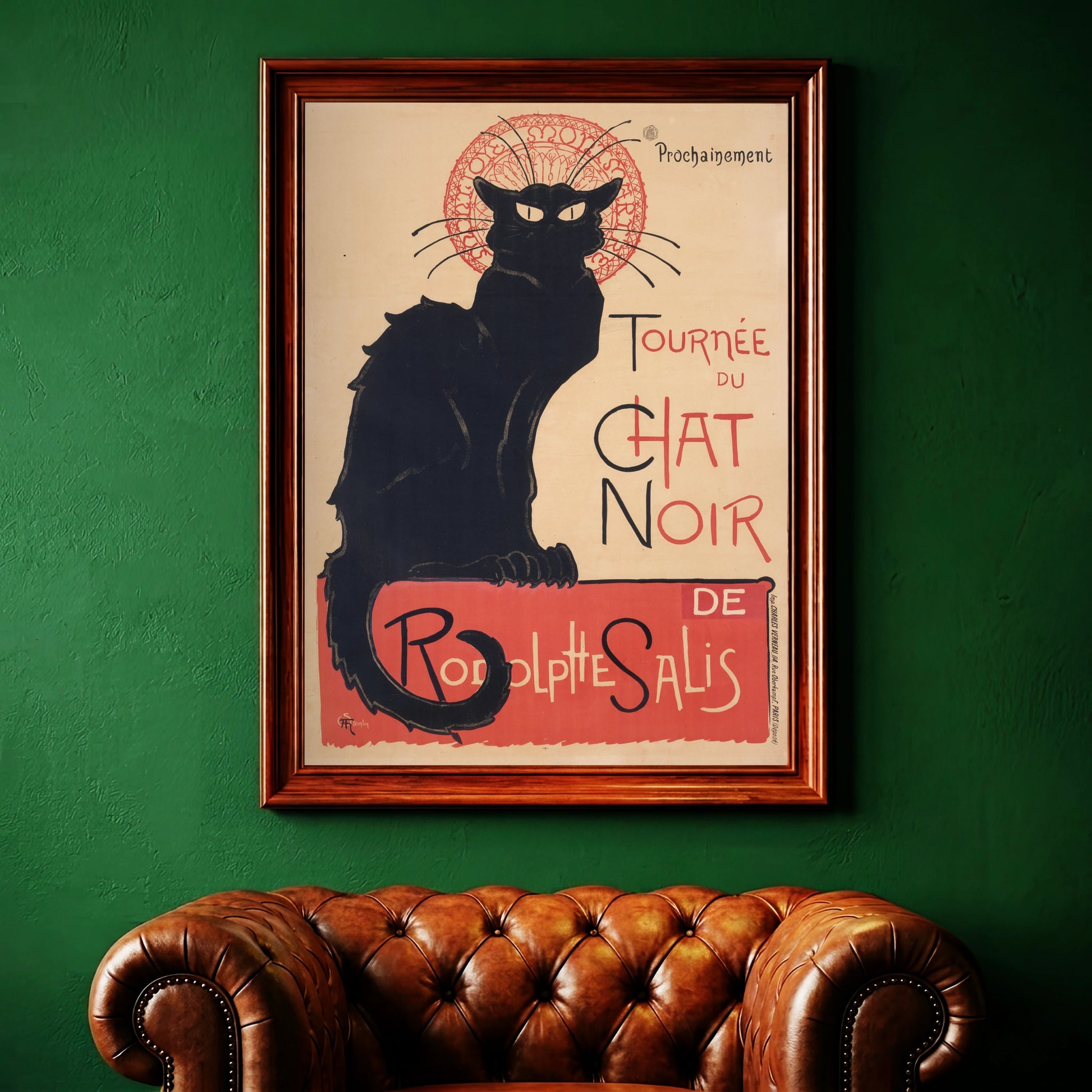 Illustration einer schwarzen Katze im Art Nouveau Stil mit roter Schrift.