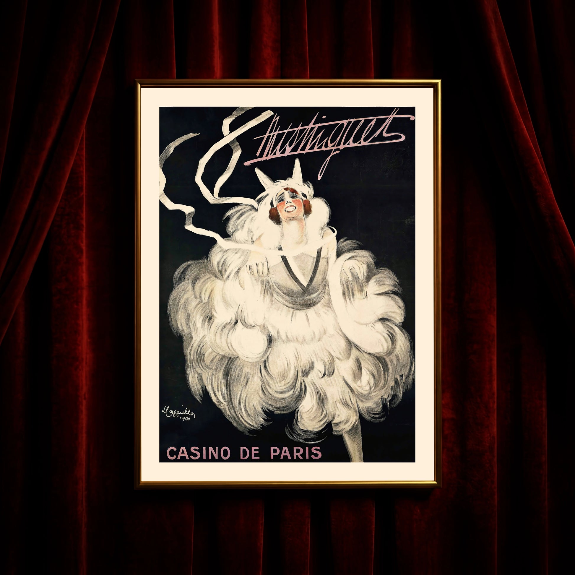Werbeplakat im Art déco Stil für das Casino de Paris mit rosa Schriftzug Mistinguett.