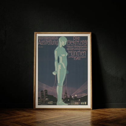 Vintage Ausstellungsplakat Die Elektrizität München 1911 von Paul Neu mit leuchtender Figur über der Stadt.