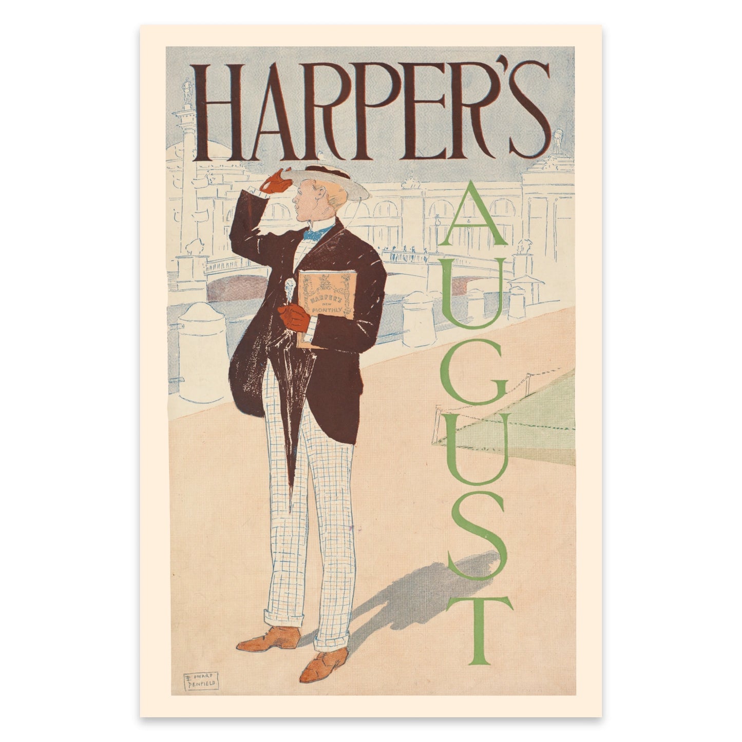 Klassisches Vintage Poster Harper's August mit eleganter Typografie und flächigem Design.