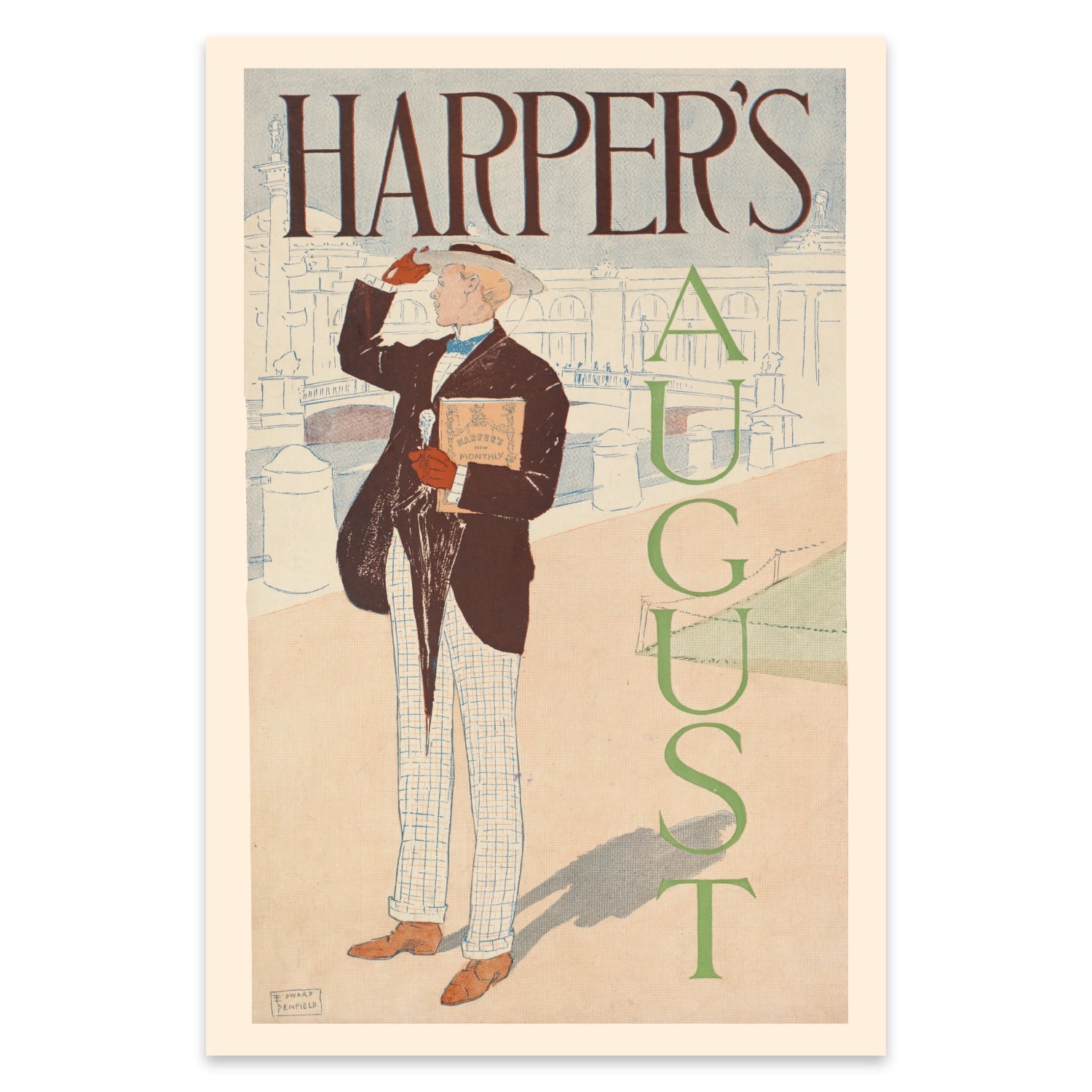 Klassisches Vintage Poster Harper's August mit eleganter Typografie und flächigem Design.