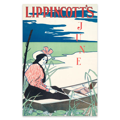 Edward Penfield Kunstdruck Lippincott's June mit flächigen blauen Wolken und grünem Hintergrund.