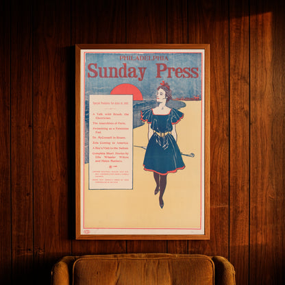 Historisches Plakat der Philadelphia Sunday Press von 1895 mit einer Frau in Badekleidung.