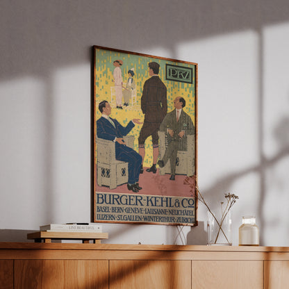 Nahaufnahme der flächigen, gelb-grünen Hintergrundtextur und der detaillierten Anzugmuster im Schweizer Plakatstil.