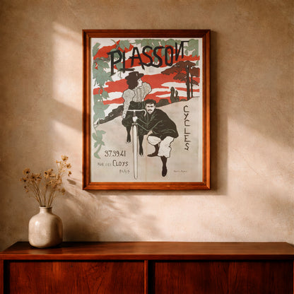 Vintage Werbeplakat für Plasson Cycles von Manuel Robbe mit einem Paar auf einem Fahrrad.