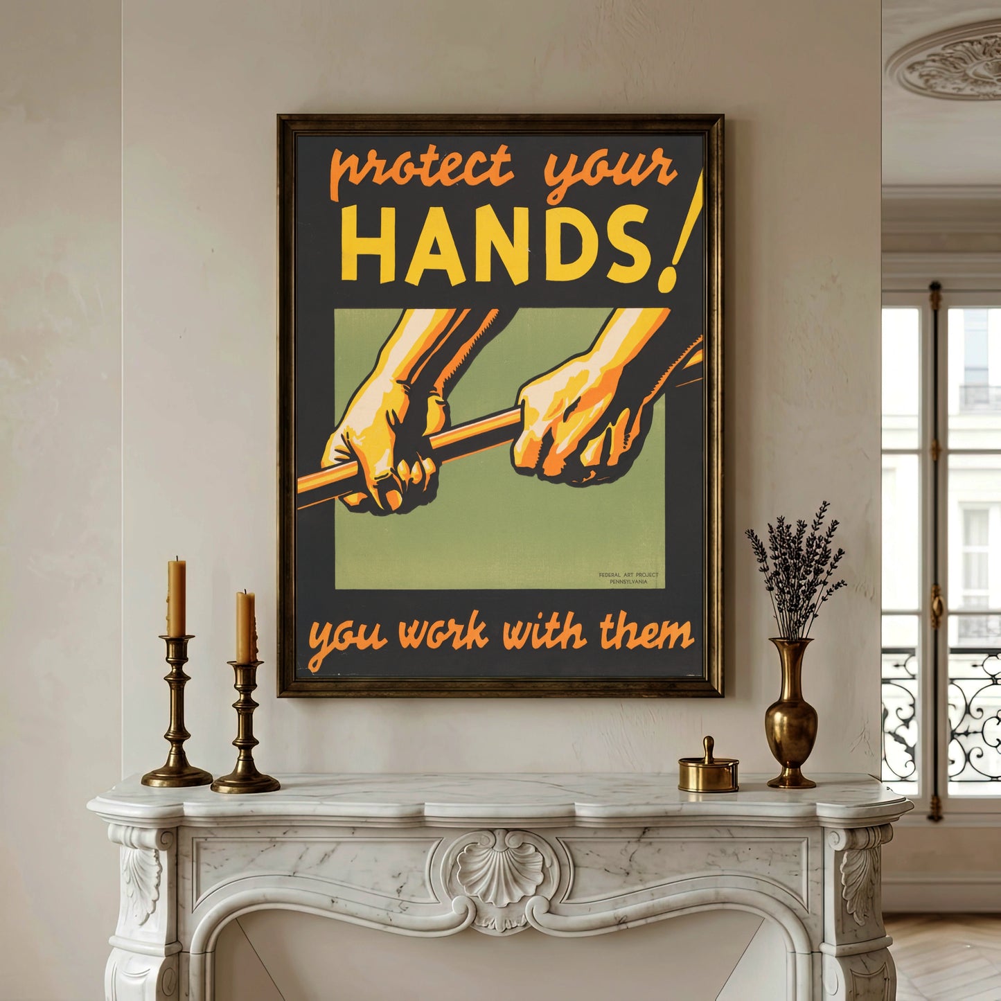 Vintage Poster mit dem Schriftzug Protect Your Hands und zwei arbeitenden Händen von 1936.