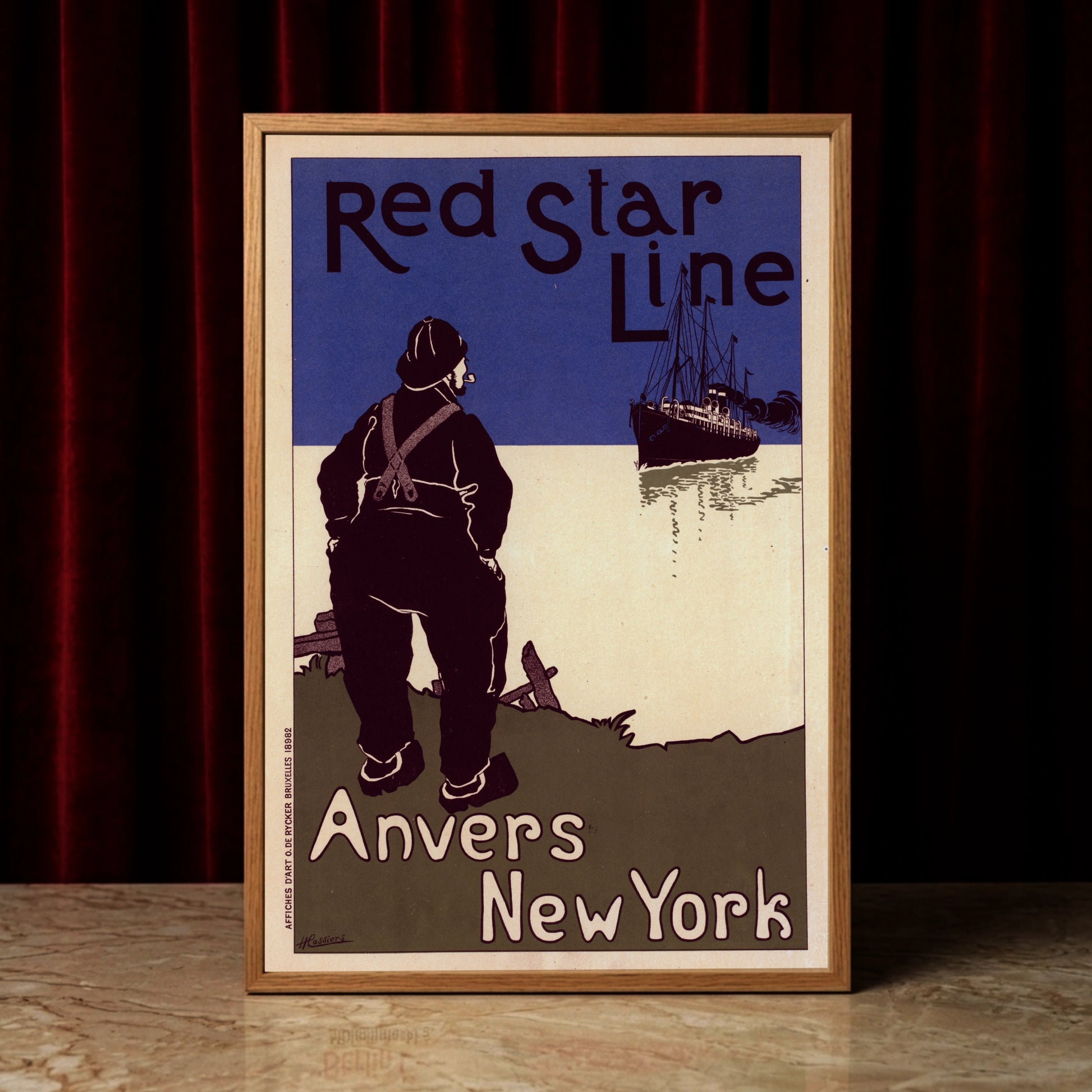 Vintage Plakat Red Star Line von Henri Cassiers aus dem Jahr 1900 mit Schiffs-Silhouette.