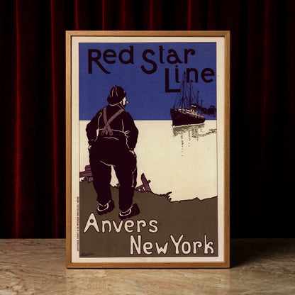 Vintage Plakat Red Star Line von Henri Cassiers aus dem Jahr 1900 mit Schiffs-Silhouette.
