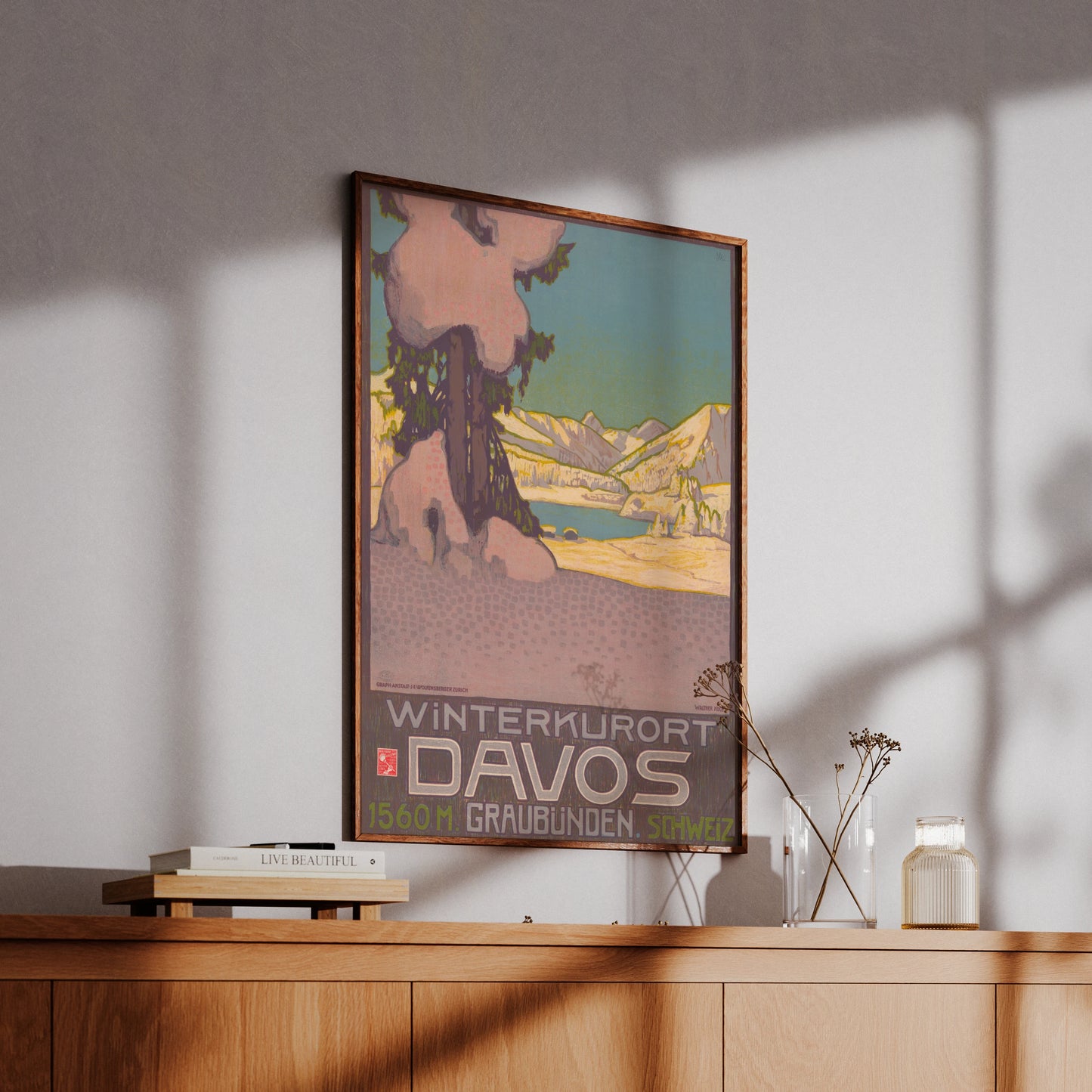 Jugendstil Kunstdruck einer Winterlandschaft in Davos mit markanter Typografie.
