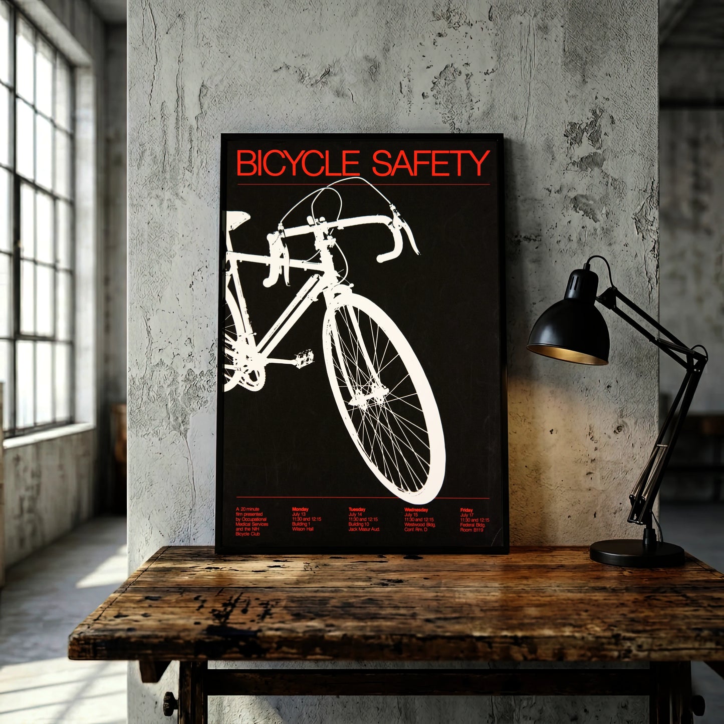 Minimalistisches Grafikdesign Plakat Fahrradsicherheit der NIH in Schwarz Weiß Rot.