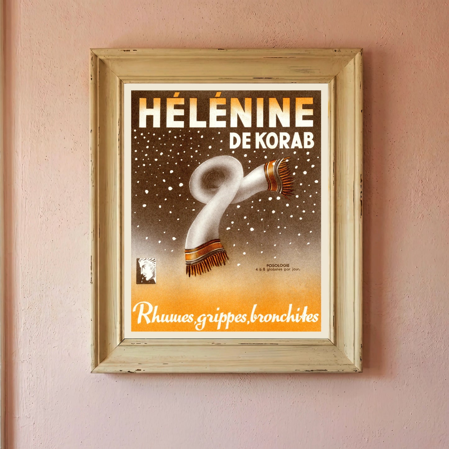 Historisches französisches Pharma-Plakat mit markanter weißer Typografie.