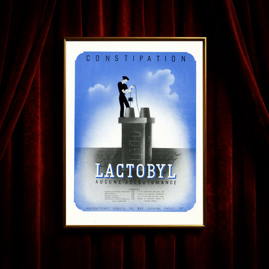 Schornsteinfeger Silhouette auf einem Dach in einem historischen Retro-Plakat.