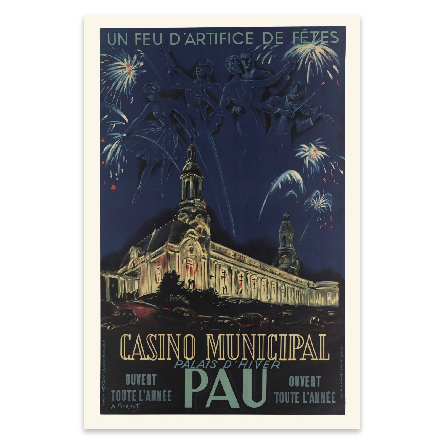 Sammlerposter Pau Casino Municipal 1939 Kunstdruck mit dem Schriftzug Un feu d’artifice de fêtes.