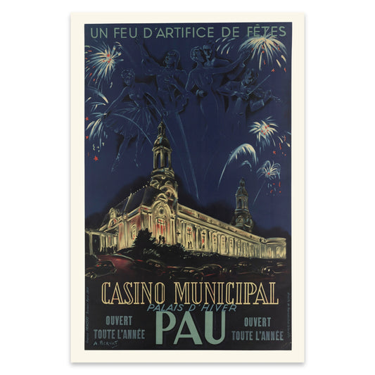 Sammlerposter Pau Casino Municipal 1939 Kunstdruck mit dem Schriftzug Un feu d’artifice de fêtes.