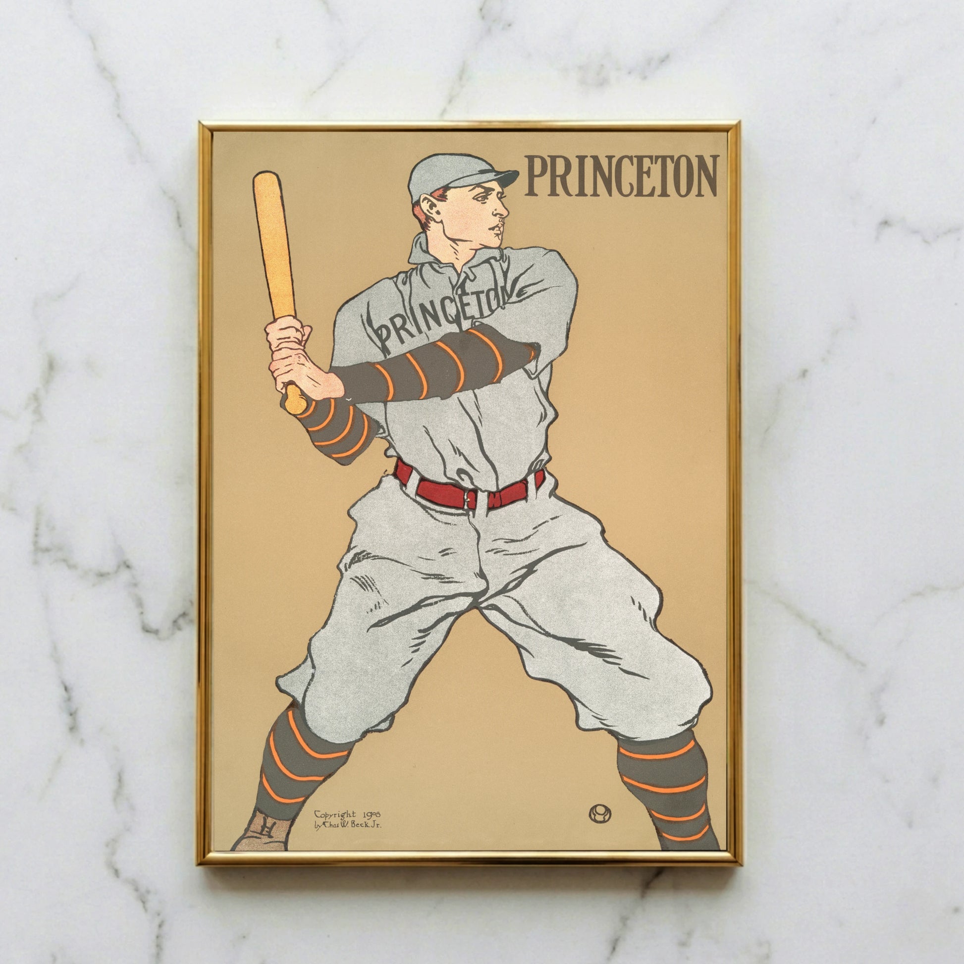 Minimalistisches Grafikdesign eines Baseballers in grauer Uniform mit orangefarbenen Akzenten.