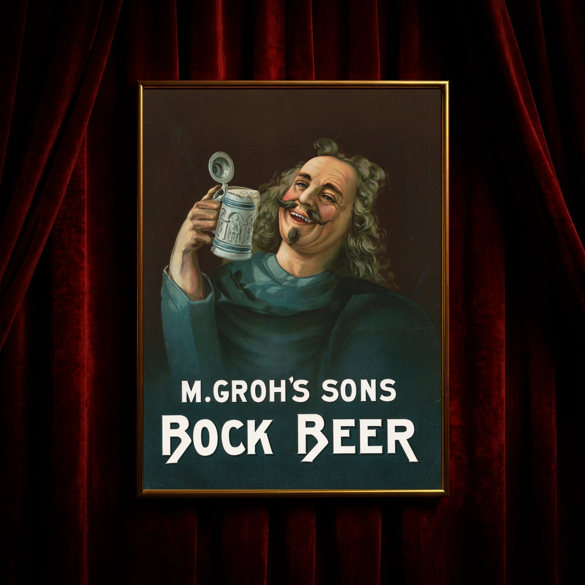 Retro Bierplakat mit klassischer weißer Typografie auf dunklem Hintergrund.