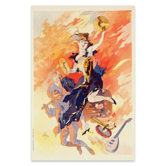 Klassisches Belle Époque Poster mit Musikinstrumenten und tanzender Figur.