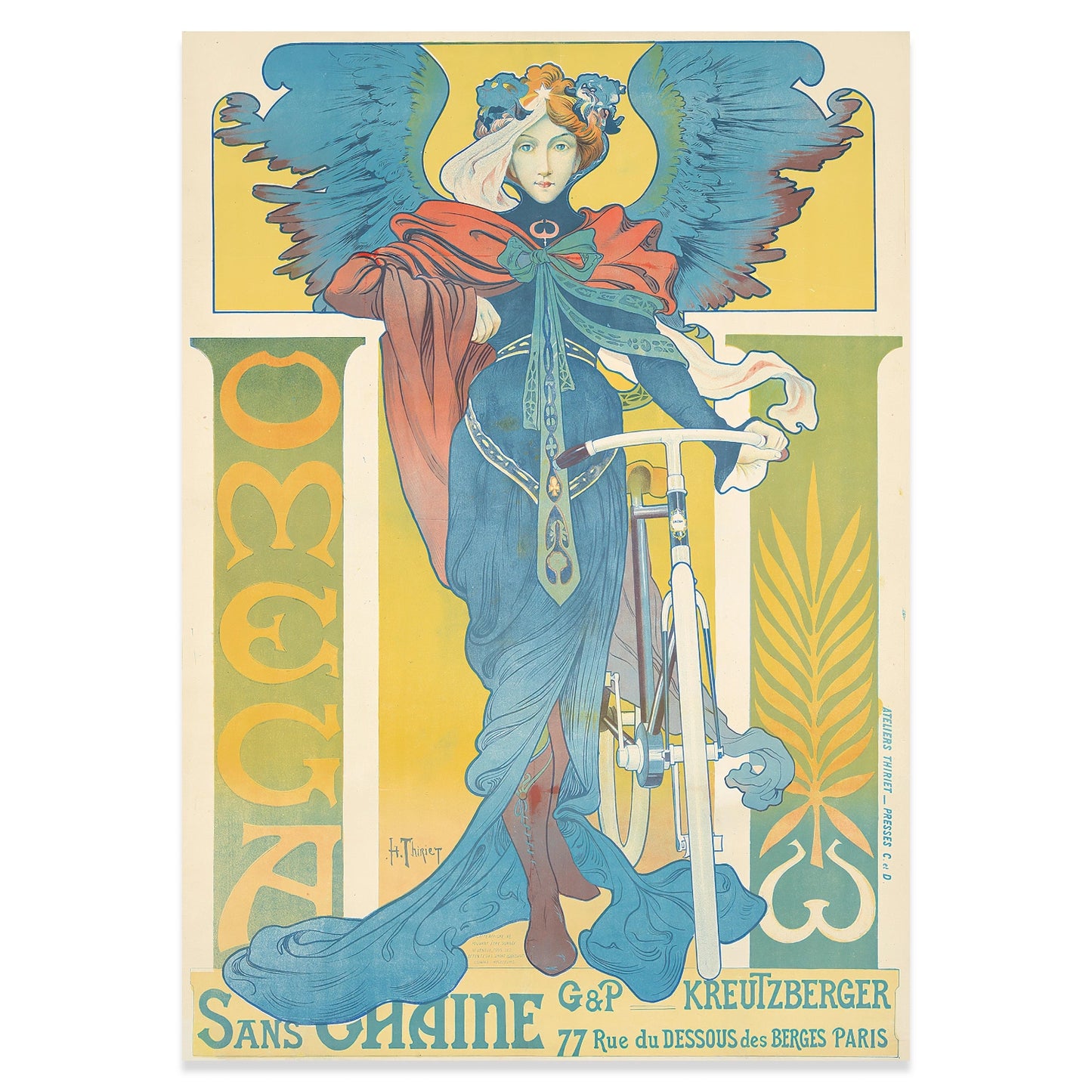 Klassische Belle Époque Illustration einer Frau mit Flügeln und Fahrrad.