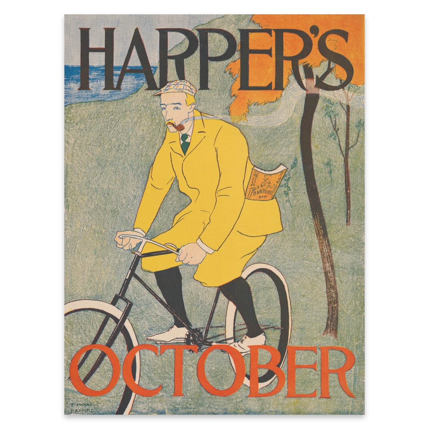 Klassisches Harper's Magazin Cover Poster von 1894 mit Fahrradfahrer vor Herbstlandschaft.
