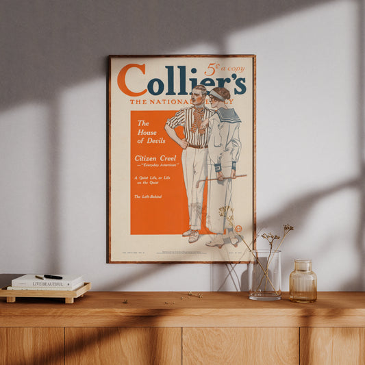 Detailreiches Plakat von Edward Penfield mit historischer Typografie und Mode.