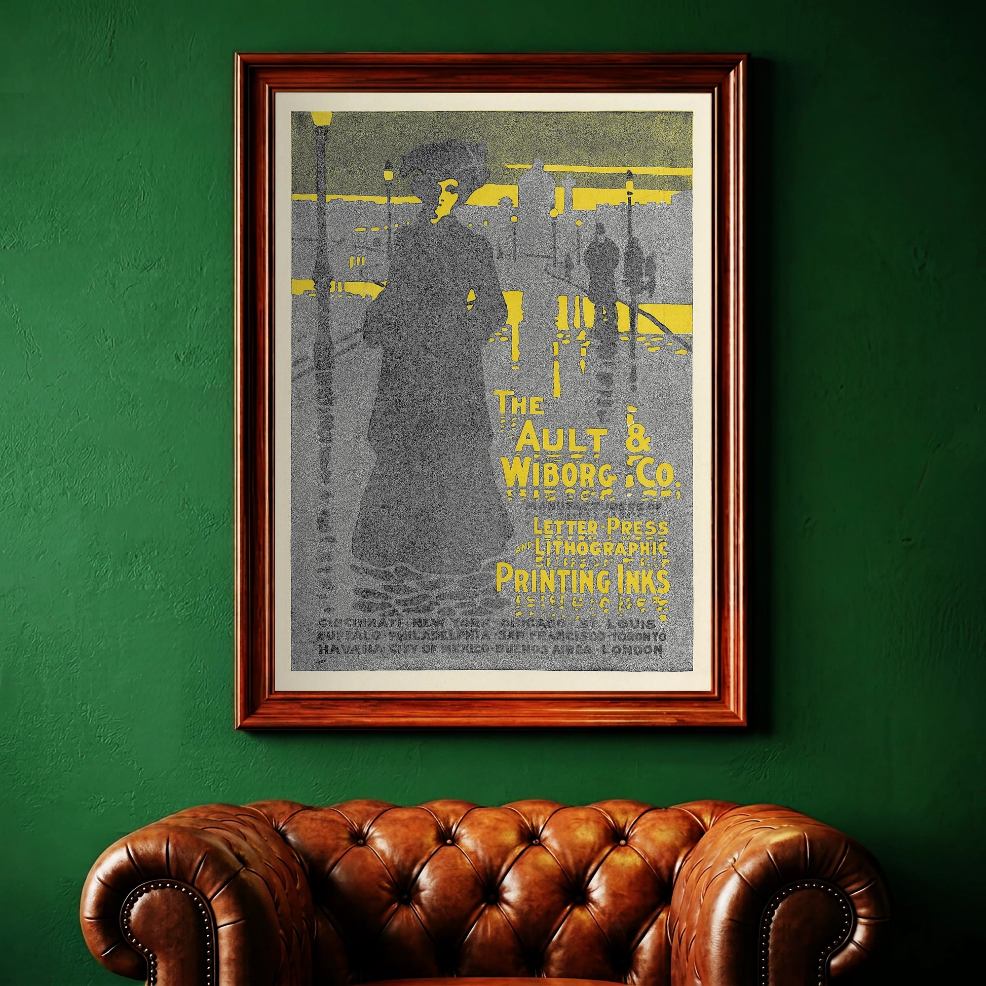 Detaillierte Punkt-Textur und markante gelbe Typografie auf einem historischen Kunstplakat.