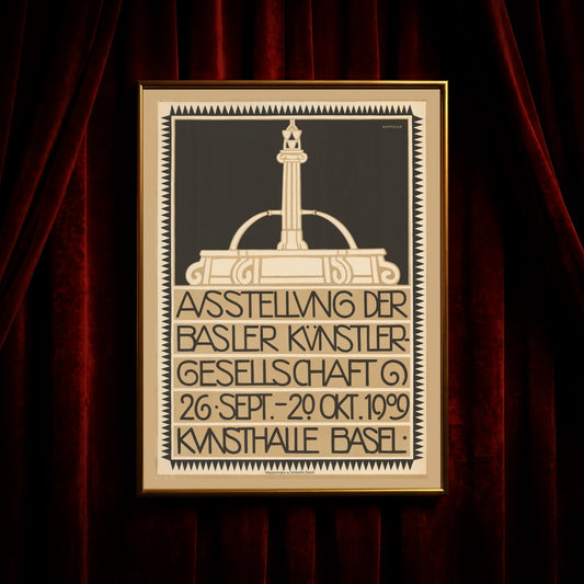 Schweizer Plakatkunst des frühen 20. Jahrhunderts mit gezacktem Rahmen und markanter Schrift.