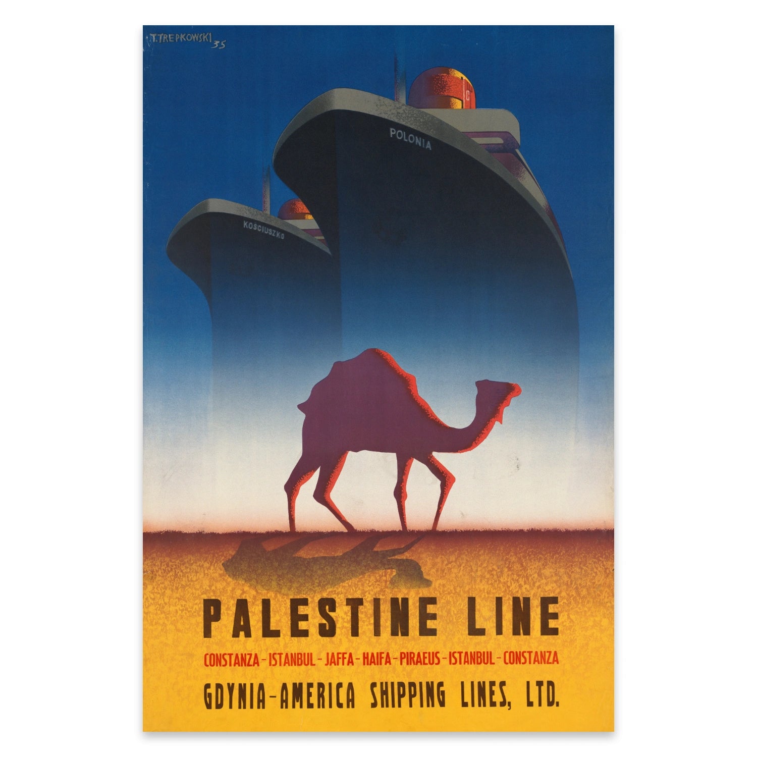 Art Deco inspiriertes Versandplakat in Blau- und Gelbtönen von 1935.