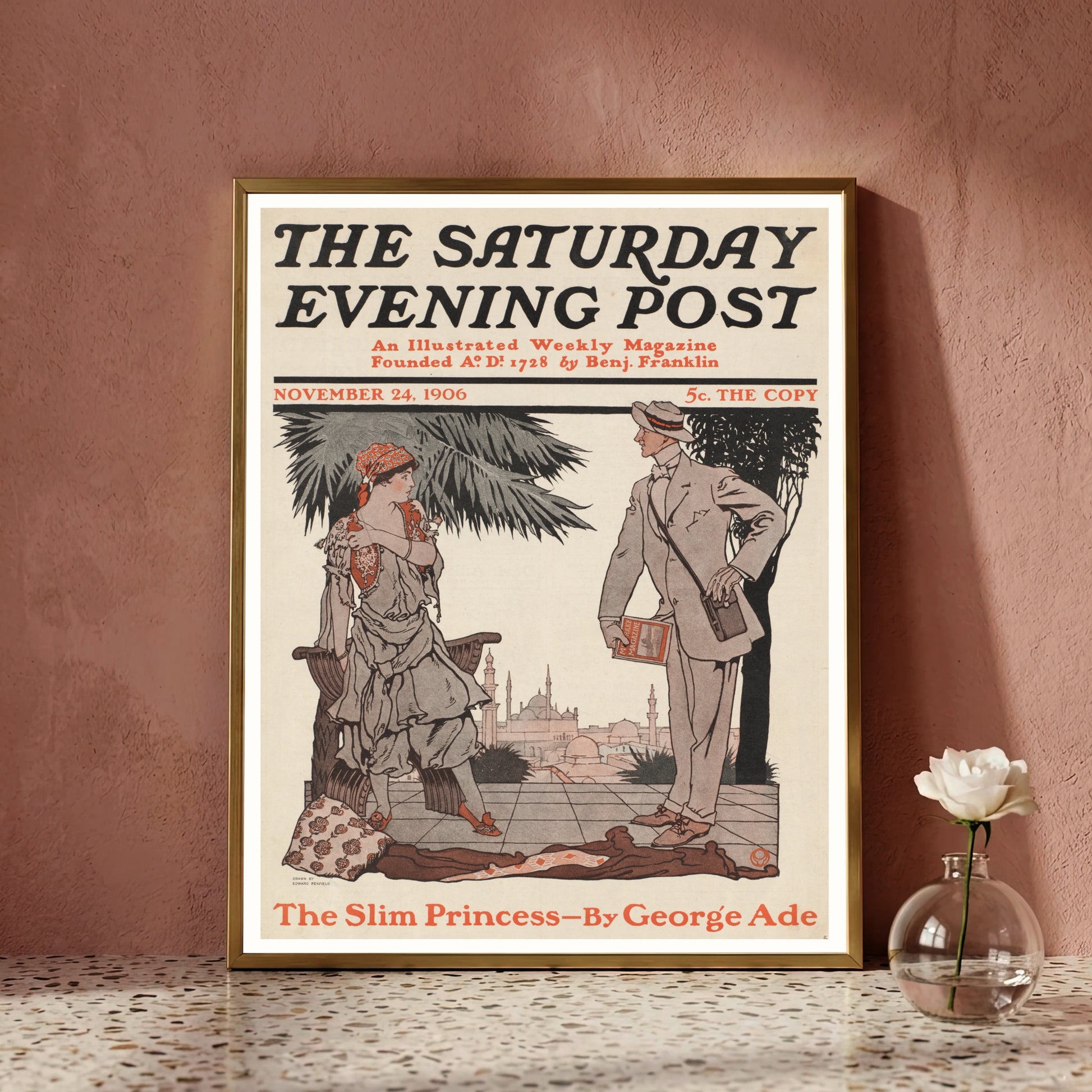 Retro Poster mit historischer Typografie der Saturday Evening Post und Zeichnung The Slim Princess.