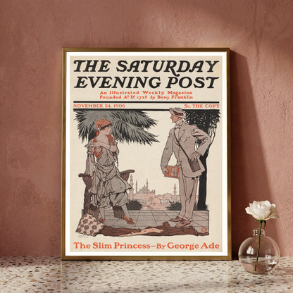 Retro Poster mit historischer Typografie der Saturday Evening Post und Zeichnung The Slim Princess.