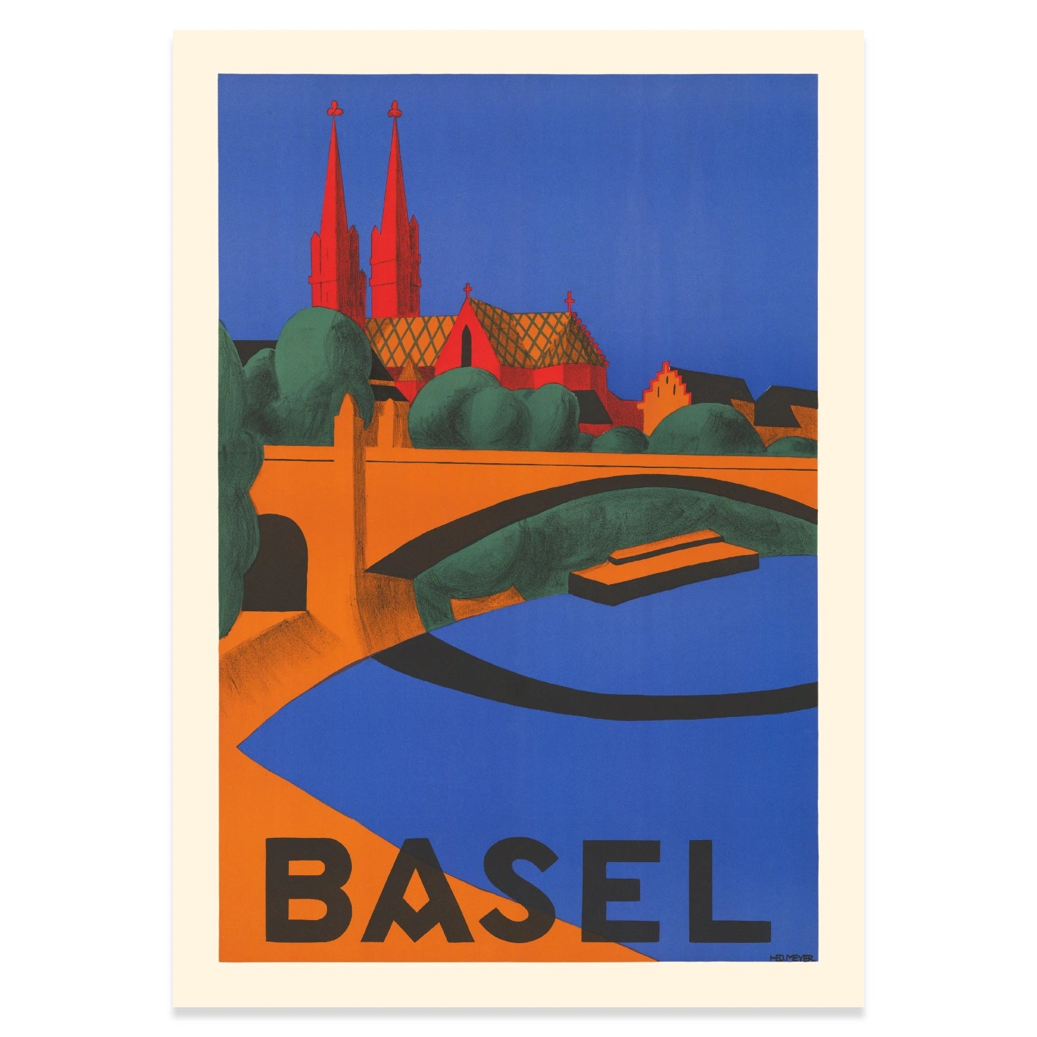 Basel Vintage Poster Kunst von Hedwig Thoma Architektur und Flusslandschaft.