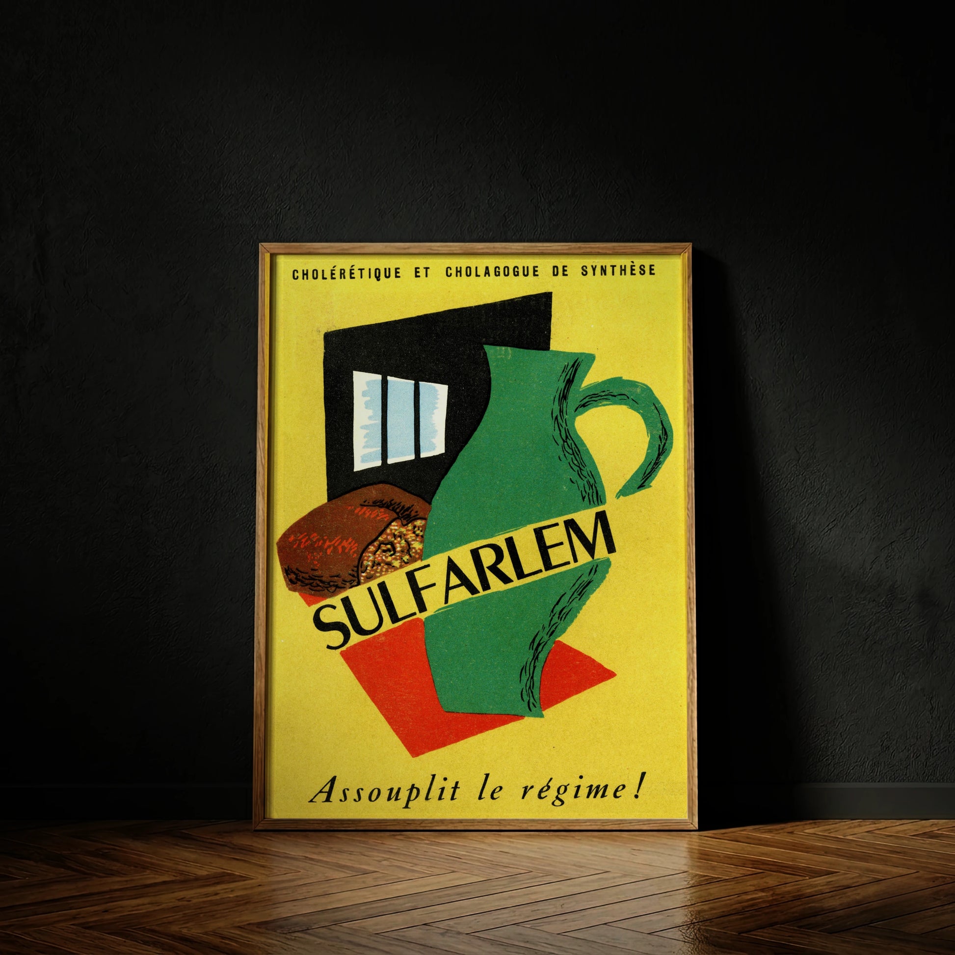 Naheaufnahme der Typografie Sulfarlem auf einem farbenfrohen historischen Werbegrafik-Druck.